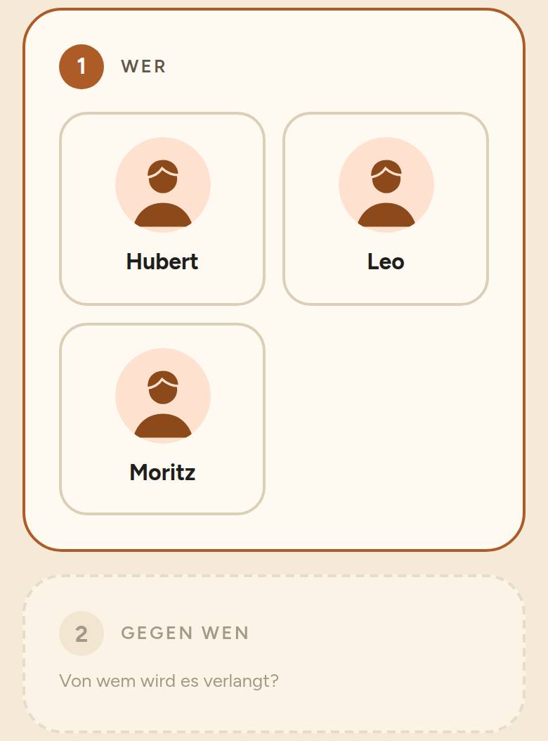 Case Lab: Sachverhalt und Auswahl der Beteiligten als Kacheln