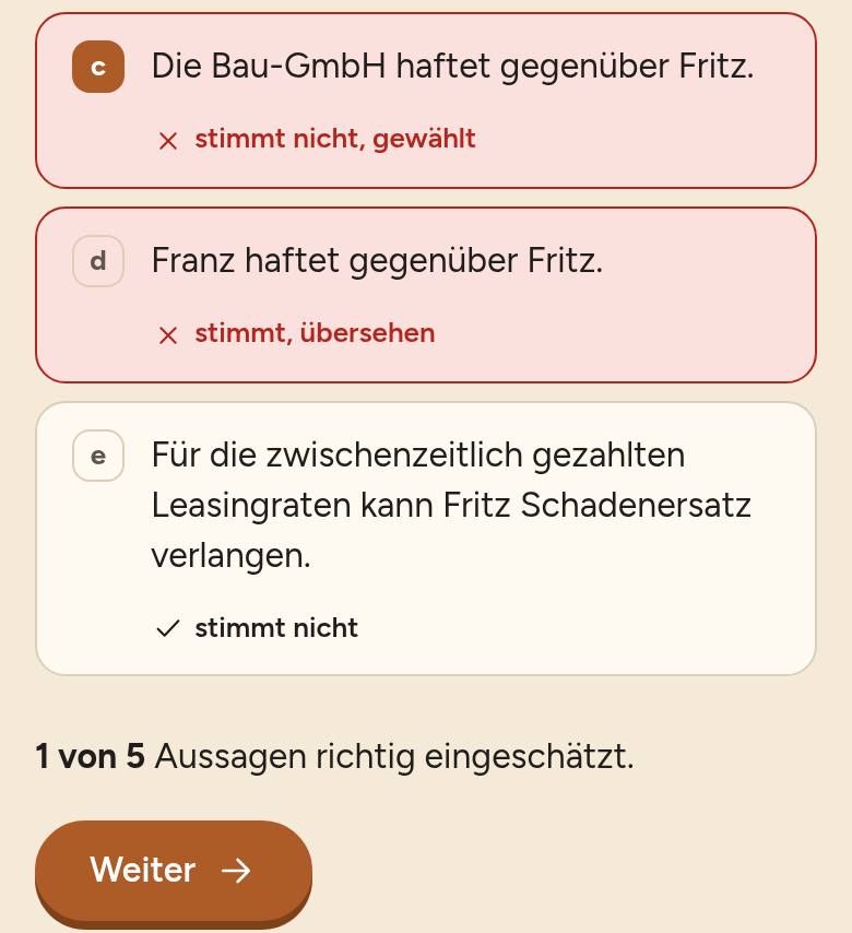 Multiple Choice nach dem Prüfen mit Urteil unter jeder Aussage